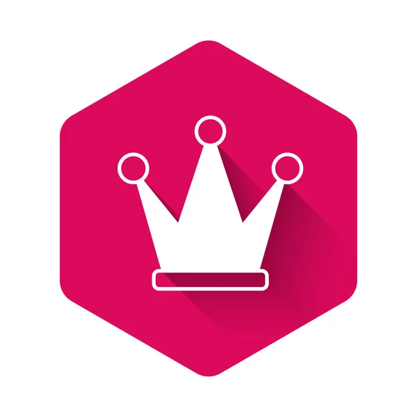 Weiße Krone Ikone Isoliert Mit Langem Schatten Hintergrund Pinkfarbener Sechskantknopf — Stockvektor