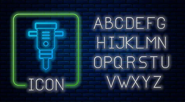 Gloeiende Neon Constructie Drilboor Pictogram Geïsoleerd Baksteen Muur Achtergrond Neon — Stockvector