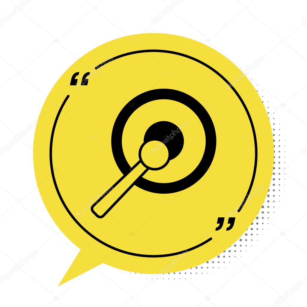 Black Gong musical percussion instrument circular metal disc and hammer icon isolated on white background. Yellow speech bubble symbol. Vector