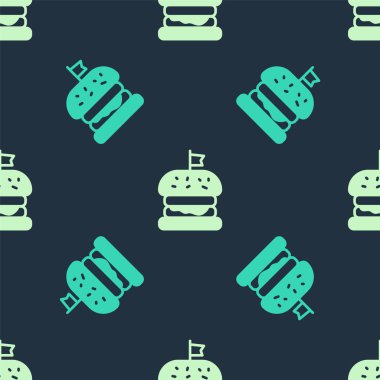 Yeşil ve bej Burger ikonu mavi arkaplandaki kusursuz deseni izole etti. Hamburger ikonu. Çizburger sandviç tabelası. Fast food menüsü. Vektör