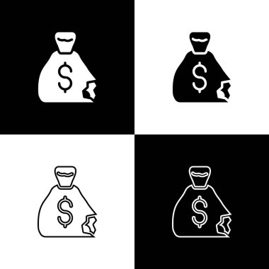 Para çantası simgesini siyah beyaz arkaplanda izole et. Dolar ya da USD sembolü. Nakit bankacılık tabelası. Vektör