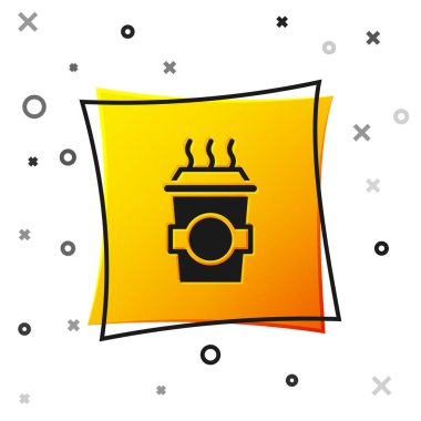 Siyah kahve fincanı beyaz arka planda izole edilmiş bir ikona dönüşecek. Sarı kare düğme. Vektör