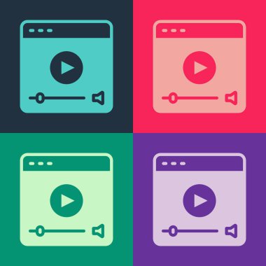 Pop art Online video oynatma simgesi renk arkaplanında izole edildi. Oyun işaretli film şeridi. Vektör
