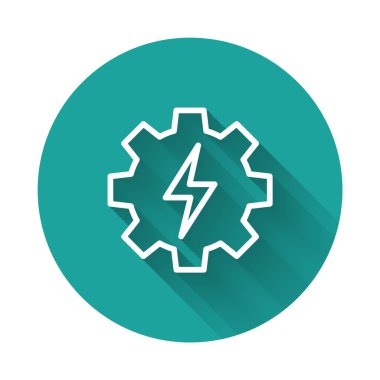 Beyaz çizgi dişlisi ve yıldırım ikonu uzun gölge arkaplanı ile izole edilmiş. Elektrik gücü. Şimşek işareti. Yeşil daire düğmesi. Vektör
