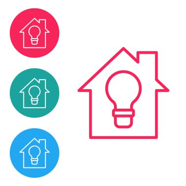 Kırmızı çizgi Akıllı ev ve ampul simgesi beyaz arkaplanda izole edildi. Simgeleri daire düğmelerine ayır. Vektör