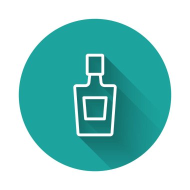 Beyaz çizgi tekila şişesi ikonu uzun gölge arkaplanı ile izole edilmiş. Meksika alkolü. Yeşil daire düğmesi. Vektör