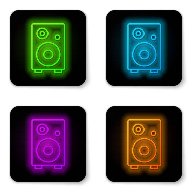 Parlayan neon hattı Stereo hoparlör simgesi beyaz arkaplanda izole edildi. Ses sistemi hoparlörleri. Müzik ikonu. Müzikal sütun hoparlörü. Siyah kare düğme. Vektör