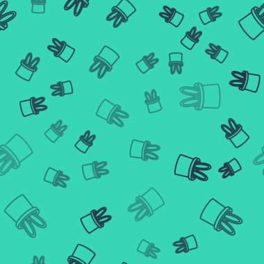 Siyah çizgi sihirbaz şapkası ve tavşan kulağı ikonu yeşil arka planda izole edilmiş kusursuz desen. Sihir numarası. Gizemli eğlence konsepti. Vektör