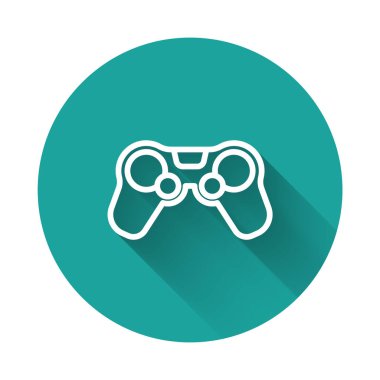 Beyaz çizgi Gamepad simgesi uzun gölge arkaplanı ile izole edildi. Oyun kontrolörü. Yeşil daire düğmesi. Vektör