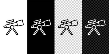 Teleskop simgesini siyah beyaz, şeffaf arkaplanda ayır. Bilimsel bir alet. Eğitim ve astronomi elementi, dürbün ve çalışma yıldızları. Vektör