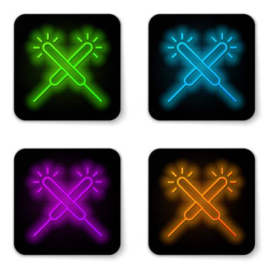 Parlayan neon hattı Sparkler havai fişek ikonu beyaz arkaplanda izole edildi. Noel şenlikli maytap ışıkları. Mutlu Noeller ve mutlu yıllar. Siyah kare düğme. Vektör