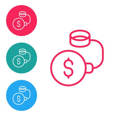 Beyaz arka planda izole edilmiş, dolar madeni para ikonuna zincirlenmiş kırmızı çizgi borç topu. Zincirler ve parayla yüklü bir borç yükü. Mali suç, ücret, kriz. Simgeleri daire düğmelerine ayır. Vektör