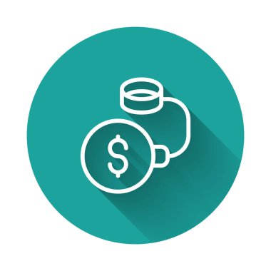 Dolar madeni para ikonuna zincirlenmiş beyaz çizgi borç topu uzun gölgeli arka planda izole edilmiş. Zincirler ve parayla yüklü bir borç yükü. Mali suç, ücret, kriz. Yeşil daire düğmesi. Vektör