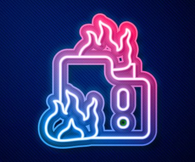 Yanan ev simgesinde parlayan neon hattı yangını mavi arka planda izole edildi. Vektör