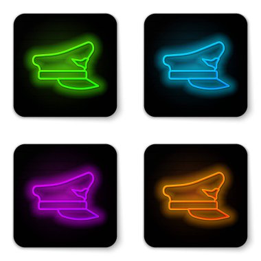 Parlayan neon hat Pilot şapka simgesi beyaz arkaplanda izole edildi. Siyah kare düğme. Vektör