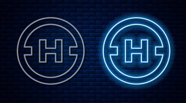 Parlayan neon hattı helikopter pisti ikonu tuğla duvar arka planında izole edildi. Helikopter pisti, alan, platform, H harfi. Vektör