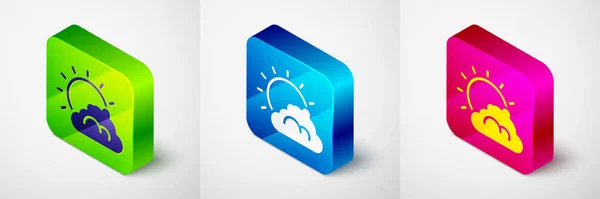 Isometric Sun Cloud Weather Icon Isolated Grey Background Square Button — Stock Vector