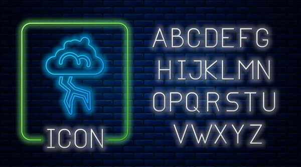 Сяюча Піктограма Неонового Шторму Ізольована Фоні Цегляної Стіни Хмарний Блискавичний — стоковий вектор