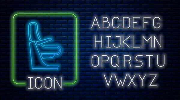 Ícone Assento Avião Neon Brilhante Isolado Fundo Parede Tijolo Alfabeto — Vetor de Stock