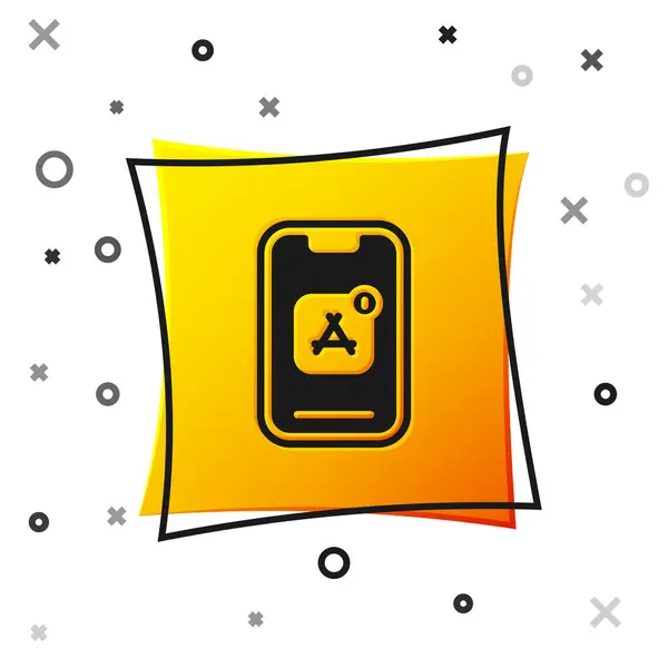 黑色移动应用程序图标隔离在白色背景 智能手机与屏幕图标 应用程序 显示屏幕的手机 黄色方块按钮 — 图库矢量图片