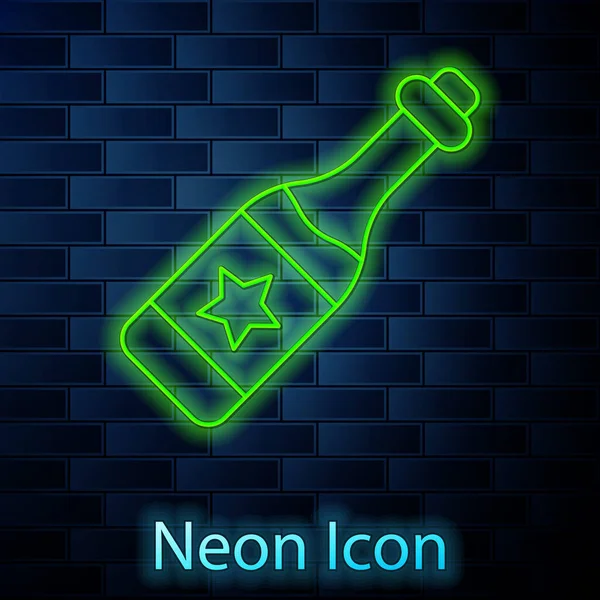 Glowing Neon Line Champagne Bottle Icon Isolated Brick Wall Background — Stock Vector