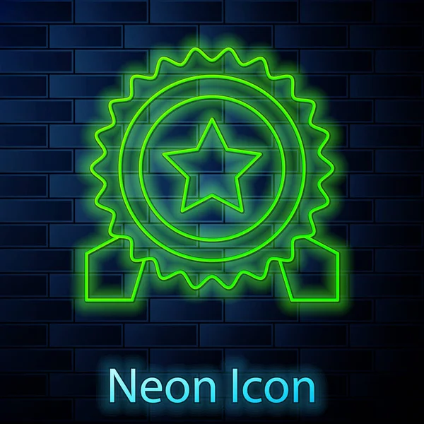 Ragyogó Neon Vonal Medál Csillag Ikon Elszigetelt Téglafal Háttér Győztes — Stock Vector