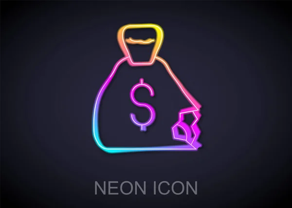 Glowing Neon Line Money Bag Icon Isolated Black Background Dollar — Stock Vector