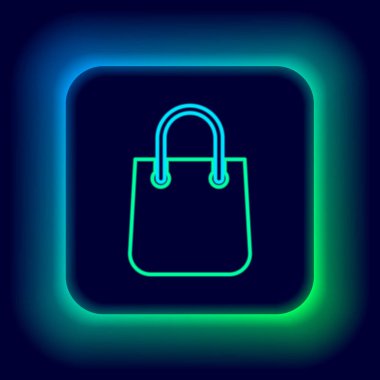 Parlayan neon hattı alışveriş poşeti simgesi siyah arkaplanda izole edildi. Paket işareti. Renkli taslak konsepti. Vektör