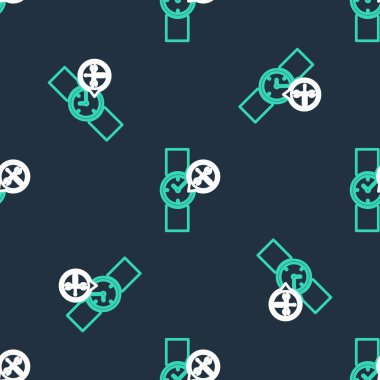 Tornavida ve ingiliz anahtarı ikonlu çizgi bilekliği siyah arka planda izole edilmiş pürüzsüz desen. Ayarlama, servis, ayar, bakım, onarım, onarım. Vektör