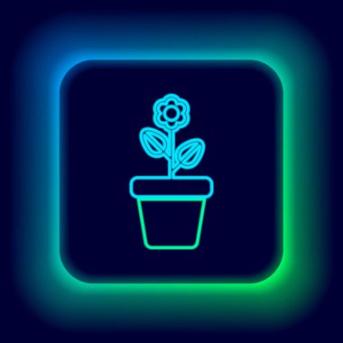 Siyah arkaplanda izole edilmiş tencere simgesinde parlayan neon hattı çiçeği. Tencerede yetişen bir bitki. Saksı bitkisi işareti. Renkli taslak konsepti. Vektör