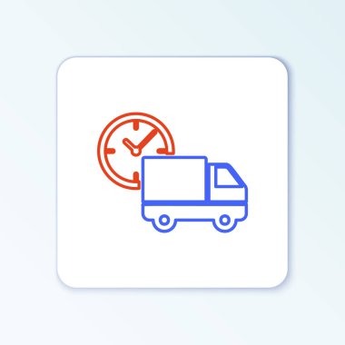 Çizgi Lojistik dağıtım kamyonu ve saat simgesi beyaz arka planda izole edildi. Teslimat zamanı ikonu. Renkli taslak konsepti. Vektör