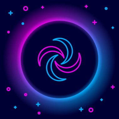 Parlayan neon hattı Tornado simgesi siyah arkaplanda izole edildi. Kasırga, kasırga, fırtına bacası, kasırga ya da hortum ikonu. Renkli taslak konsepti. Vektör