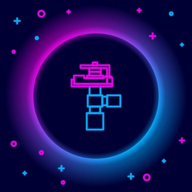 Parlayan neon hattı otomatik sulama ikonu siyah arkaplanda izole edildi. Su ekipmanları. Bahçe elemanı. Sprey tabanca ikonu. Renkli taslak konsepti. Vektör