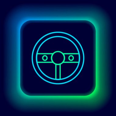 Parlayan neon çizgisi direksiyon simgesi siyah arkaplanda izole edildi. Araba tekeri ikonu. Renkli taslak konsepti. Vektör
