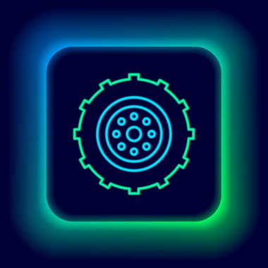 Parlak neon çizgili araba tekerleği simgesi siyah arkaplanda izole edildi. Renkli taslak konsepti. Vektör