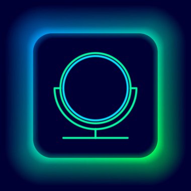 Parlayan neon çizgisi yuvarlak makyaj aynası ikonu siyah arkaplanda izole edilmiş. Renkli taslak konsepti. Vektör