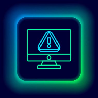 Siyah zemin üzerinde ünlem işareti simgesi olan parlak neon hattı bilgisayar monitörü. Uyarı mesajı akıllı telefon uyarısı. Renkli taslak konsepti. Vektör