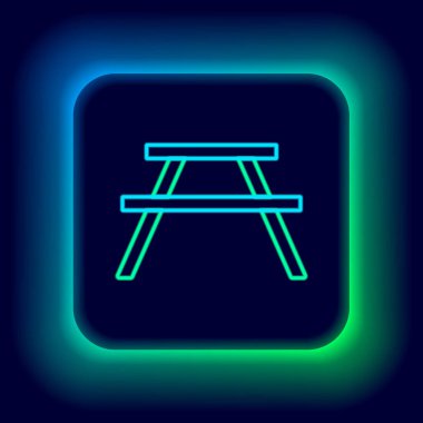 Masa simgesinin her iki tarafında da siyah arkaplanda izole edilmiş banklarla parlayan neon çizgisi piknik masası. Renkli taslak konsepti. Vektör