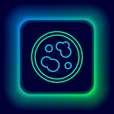 Siyah zemin üzerinde izole edilmiş bakteri simgesi olan parlak neon hattı Petri kabı. Renkli taslak konsepti. Vektör