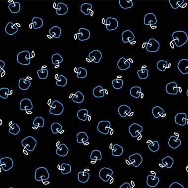 Çizgi Elması simgesi siyah arkaplanda kusursuz desen izole etti. Yaprak sembollü meyve. Vektör