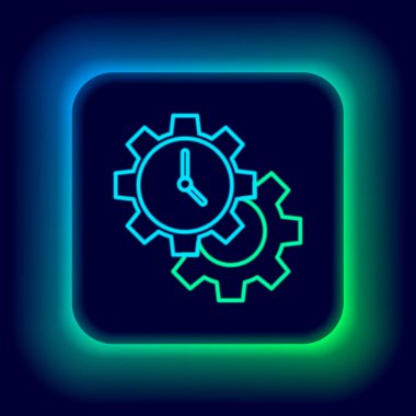 Parlayan neon hattı zaman yönetimi simgesi siyah arkaplanda izole edildi. Saat ve vites tabelası. Üretkenlik sembolü. Renkli taslak konsepti. Vektör