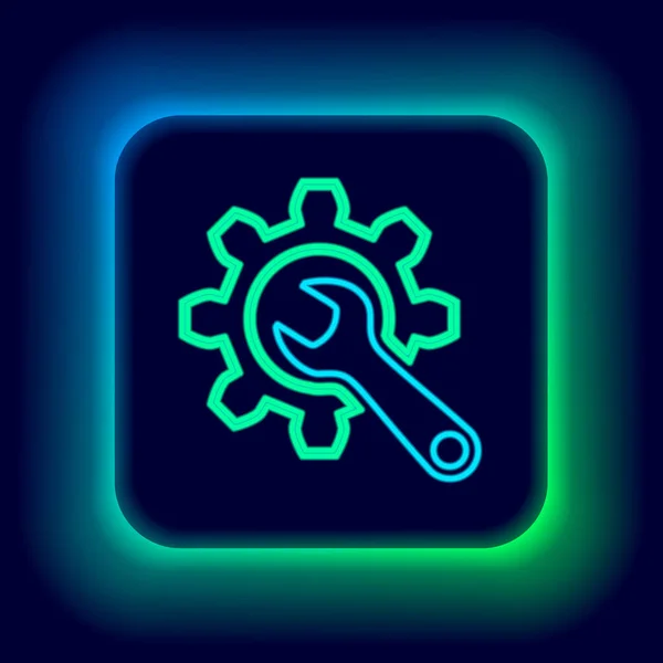 Glowing Neon Line Wrench Gear Icon Isolated Black Background Adjusting — Stock Vector