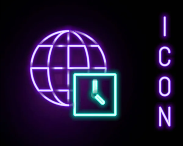 Gloeiende Neon Lijn Wereld Tijd Icoon Geïsoleerd Zwarte Achtergrond Klok — Stockvector