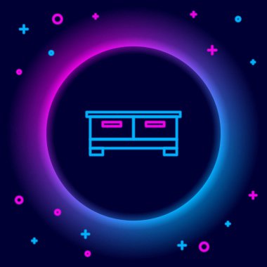 Parlayan neon çizgisi Çekmece Sandığı simgesi siyah arkaplanda izole edildi. Renkli taslak konsepti. Vektör