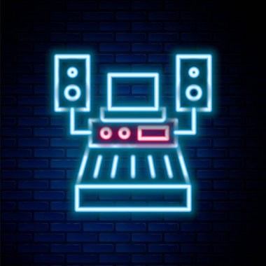 Parlayan neon hattı müzik kayıt stüdyosu kontrol odası profesyonel ekipman ikonu tuğla duvar arkasında izole. Renkli taslak konsepti. Vektör