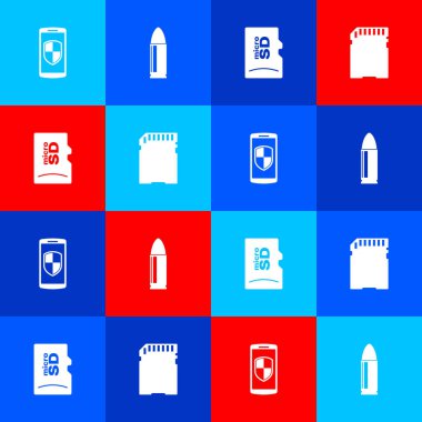 Akıllı telefonu kalkan, mermi, mikro SD hafıza kartı ve simgeyle ayarla. Vektör.