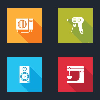 Klimayı ayarla, elektrikli sıcak tutkal tabancası, ses hoparlörü ve mikser ikonu. Vektör.