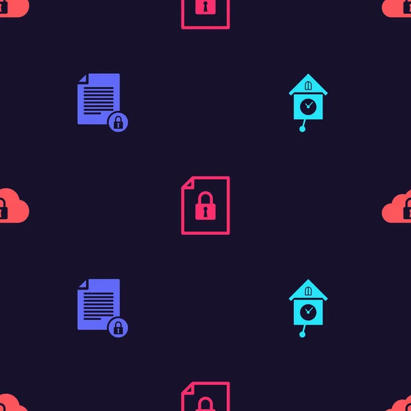 Ställ Retro Väggklocka Dokument Och Lås Och Cloud Computing Sömlös — Stock vektor