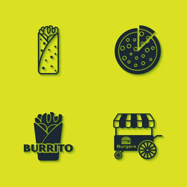 Set Burrito Fast Street Food Cart Pizza Icon Vector — Stock Vector