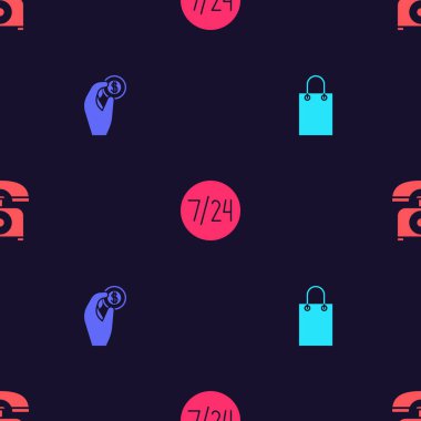 Kağıt alışveriş çantası, bozuk para tutan el, 24 saat saat saat ve pürüzsüz bir telefon. Vektör.